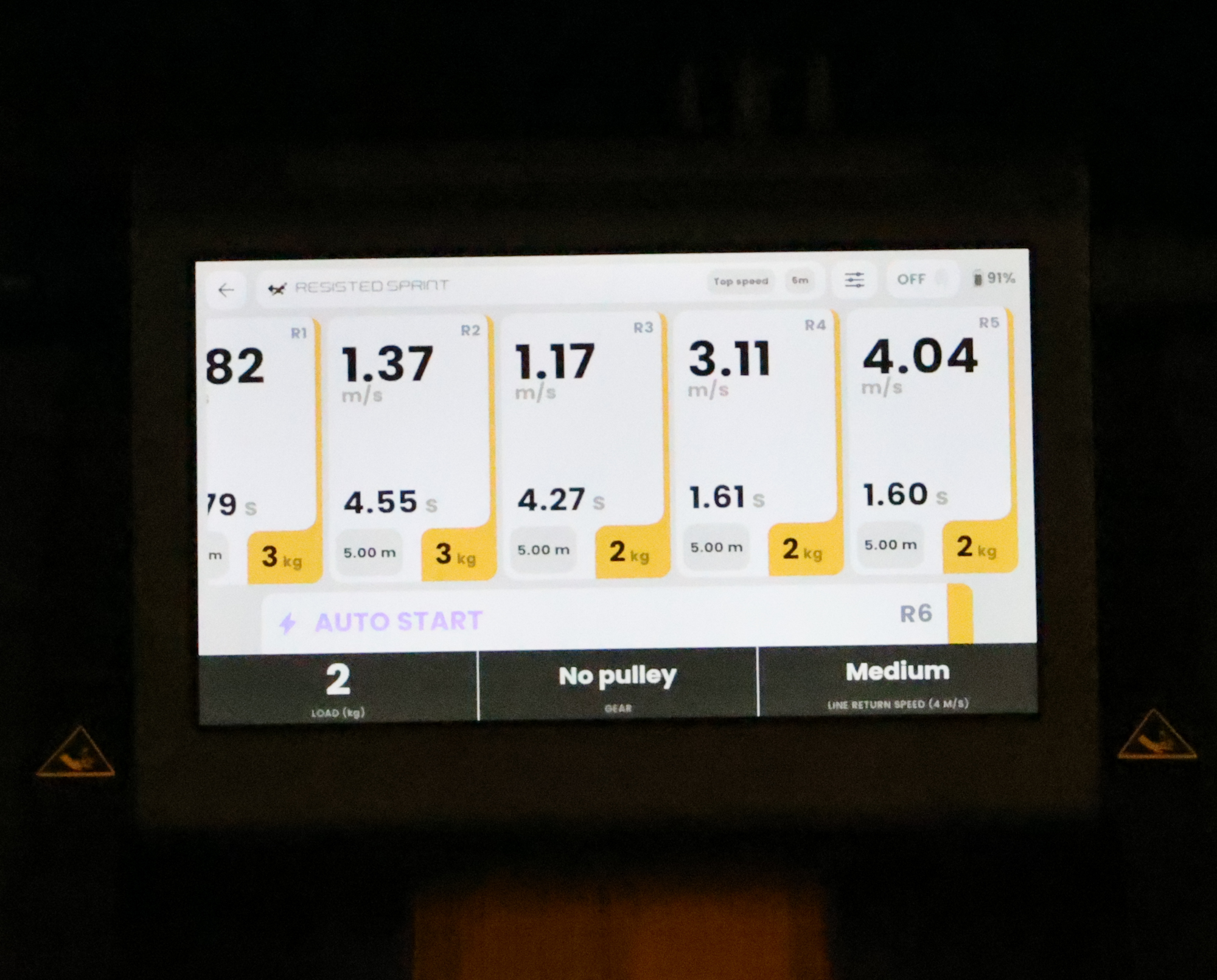 A screen readout of stats related to sprint testing.